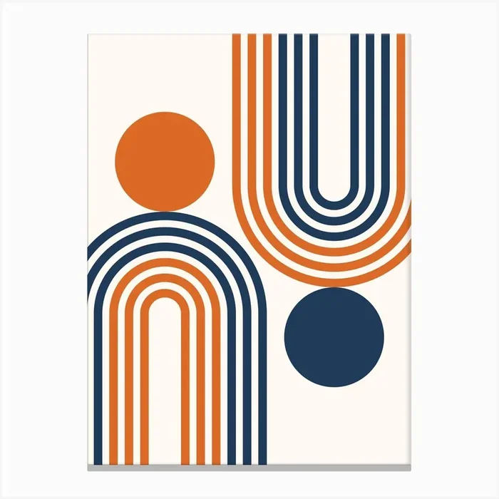 Mid Century Modern Geometric in classy navy blue burnt orange (Rainbow and Sun Abstract Design) 2 Canvas Print by NineFlorals