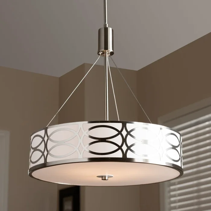 Mila White Fabric And Brush Nickle Metal Drum Pendant Light