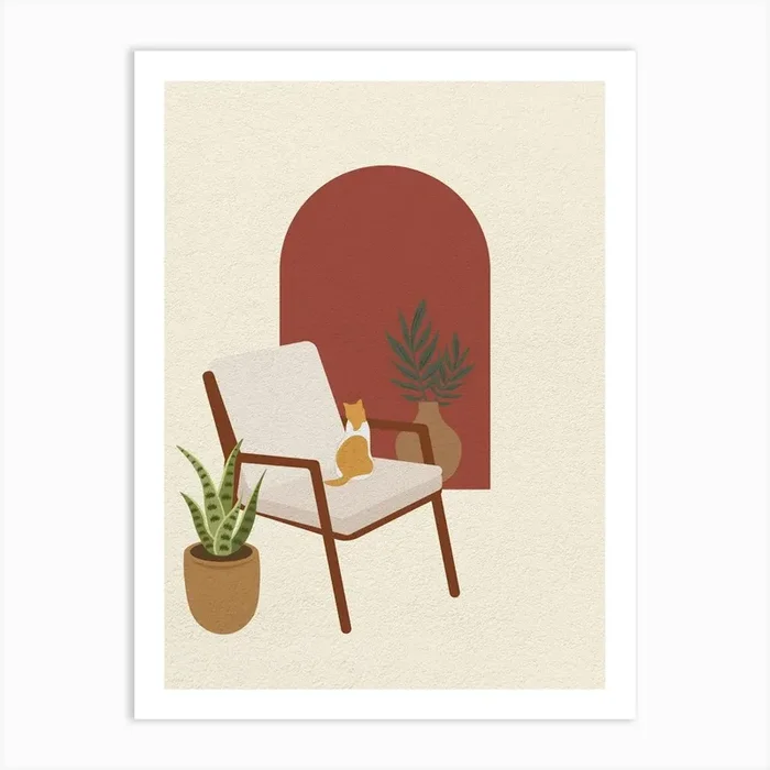 Minimal art Cat Sitting In A Chair looking a window Art Print by RAPart