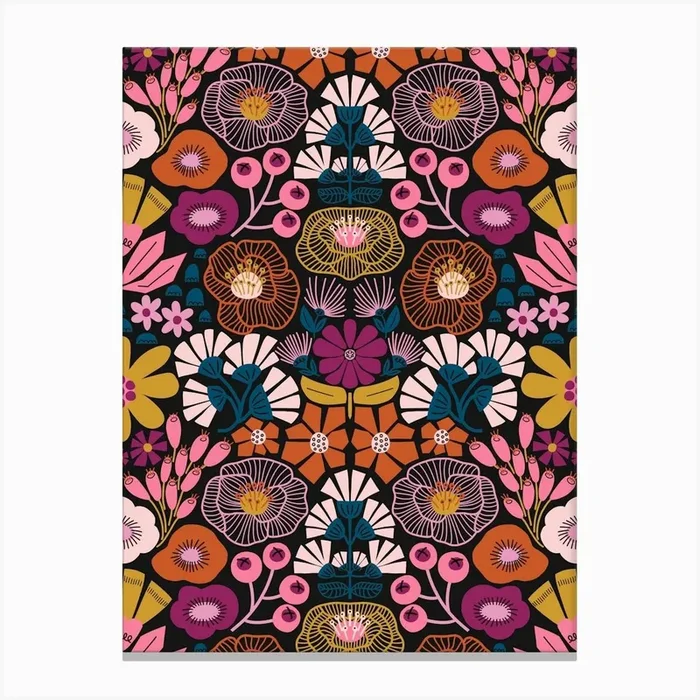 Modern Botanical Folk Art Damask Pink, Magenta, Blue, Gold, Orange Canvas Print by Sandra Hutter Designs