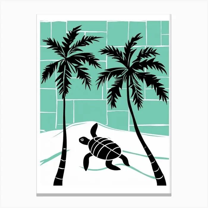 Modern Digital Sea Turtle Illustration Palm Trees 3 Canvas PrintMM by Marine Masterpieces