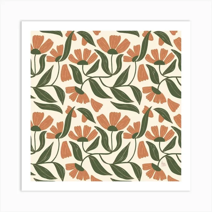 Modern Flowers Peach Fuzz and Green Art Print by LauRoxan