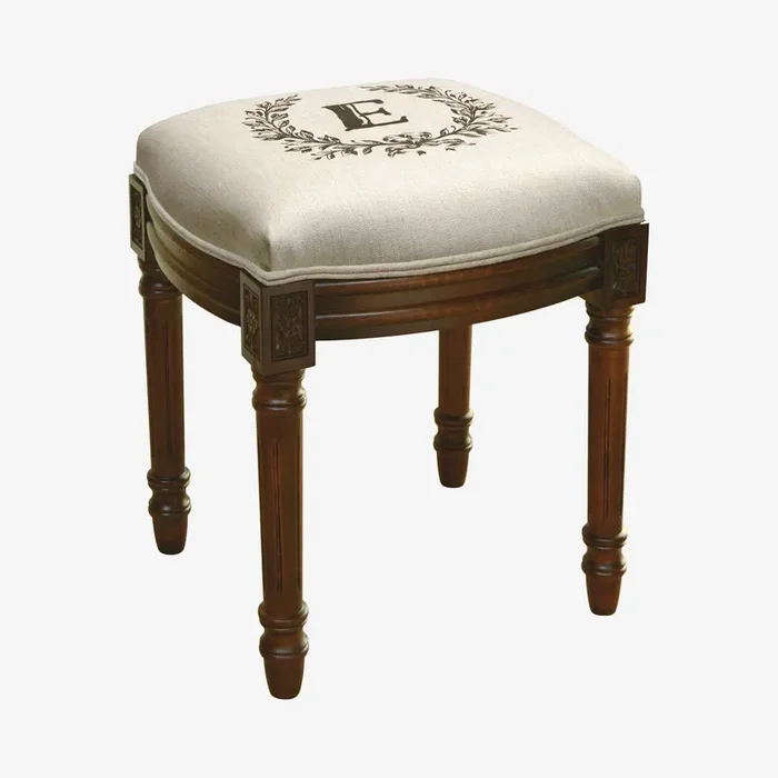 Monogram Vanity Stool – Linen – Letter E by 123Creations