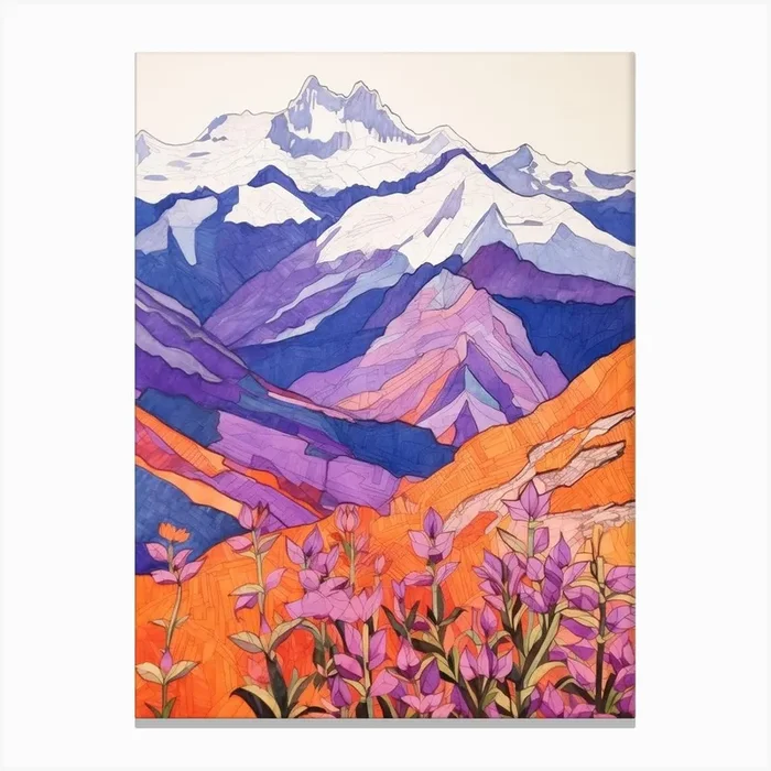 Monte Rosa Switzerland 2 Colourful Mountain Illustration Canvas Print by WanderWall Prints