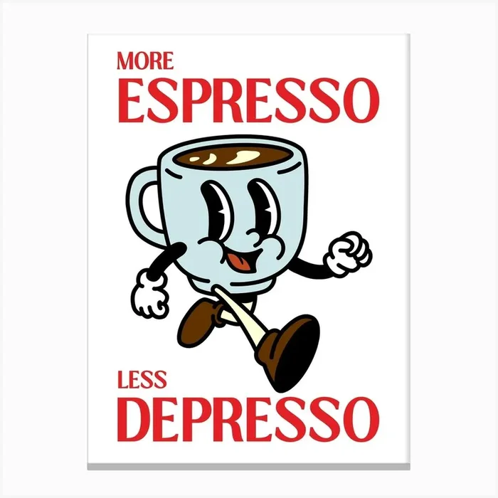 More Espresso Less Depresso Coffee Retro Cartoon Canvas Print by Mambo