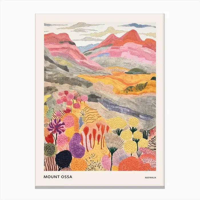 Mount Ossa Australia 1 Colourful Mountain Illustration Poster Canvas Print by WanderWall Prints