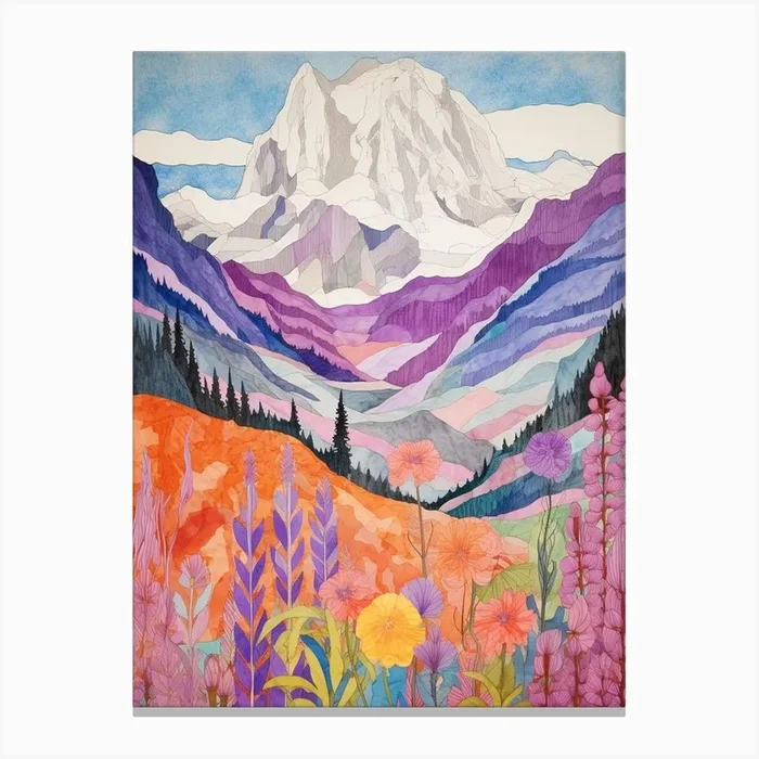 Mount Rainier United States 2 Colourful Mountain Illustration Canvas Print by WanderWall Prints
