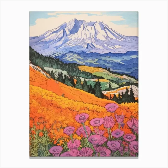 Mount St Helens United States 6 Colourful Mountain Illustration Canvas Print by WanderWall Prints