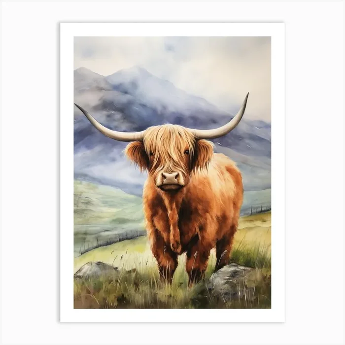 Mountaneous Background Behind Highland Cow Art Print by Exploring the Highlands
