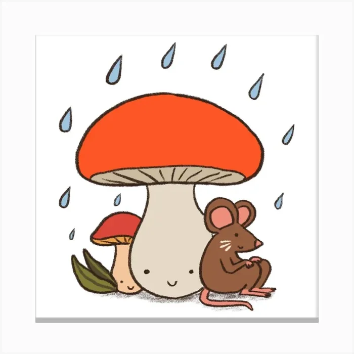 Mouse And Mushrooms On A Rainy Day Canvas Print by Romica Jones