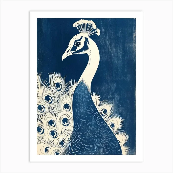 Navy Blue Portrait Of A Peacock 1 Art Print by Featherline