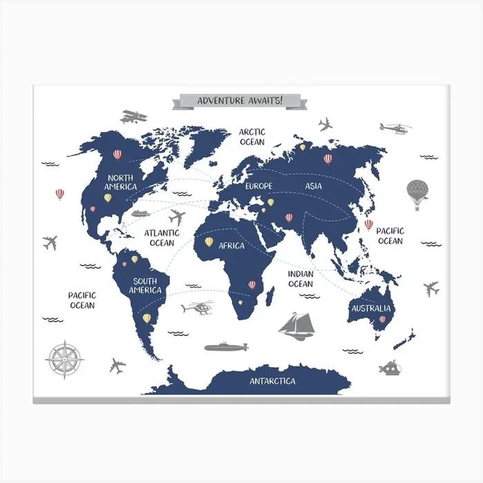 Navy Blue World Map Canvas Print by Piccalilli Prints