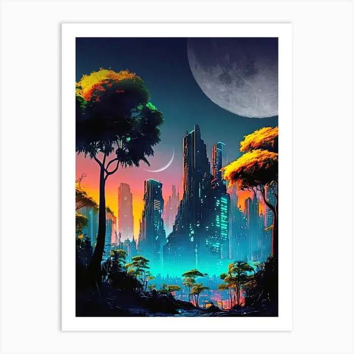 Neon cyberpunk city in a forest with Moons — surreal space collage art, cosmic futuristic sci-fi collage Art Print by Synthwave1950