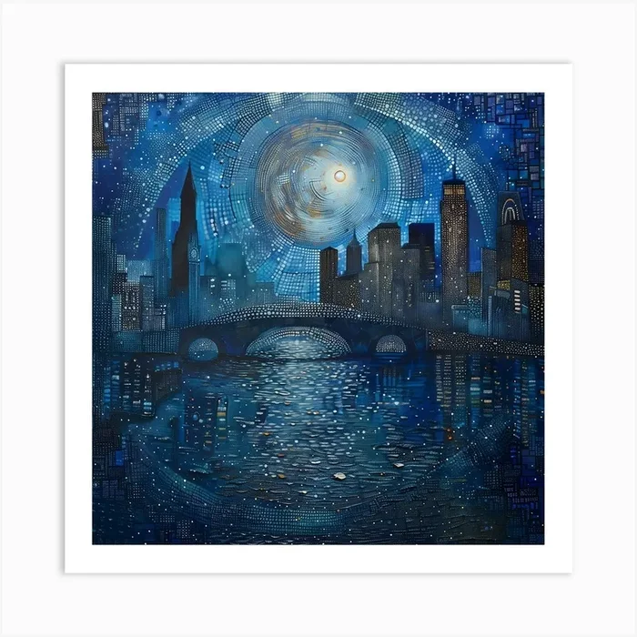 New York City At Night, Tiny Dots, Pointillism Art Print by Moisky