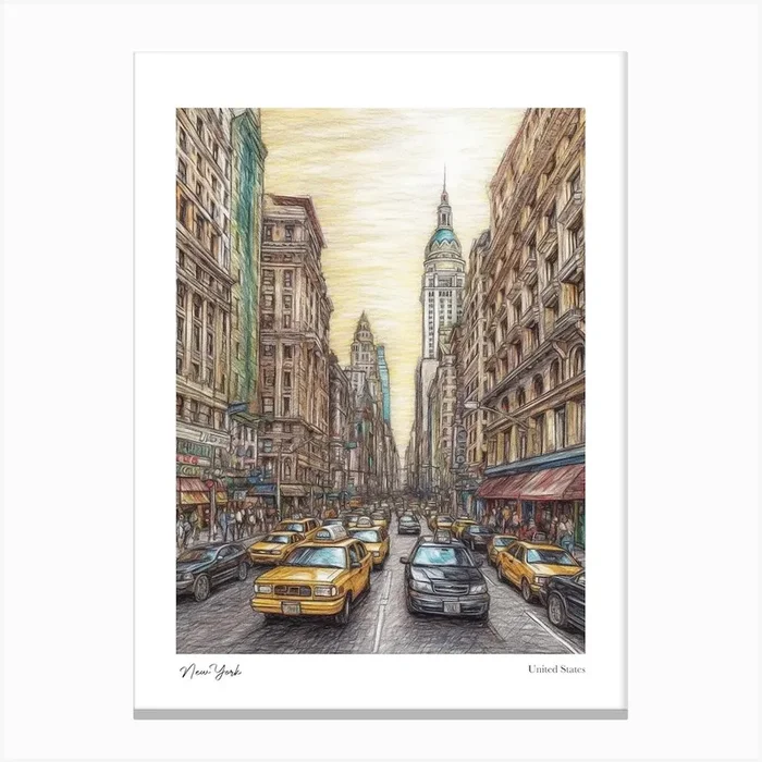 New York United States Drawing Pencil Style 2 Travel Poster Canvas Print by Fusion Designs