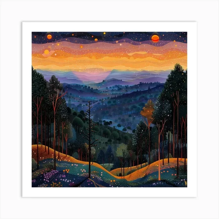 Night In The Woods, Tiny Dots, Pointillism Art Print by Moisky