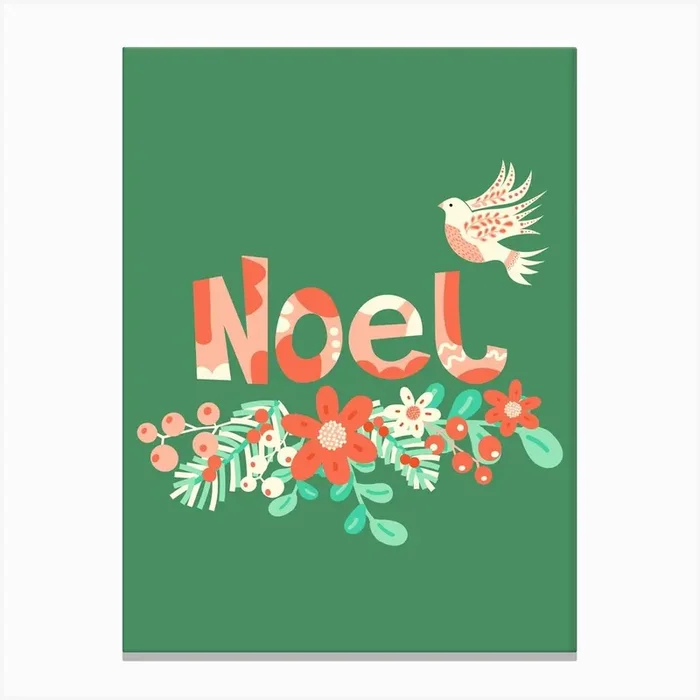 Noel Folk Art Christmas Dove and Winter Florals on Green Canvas Print by Sandra Hutter Designs