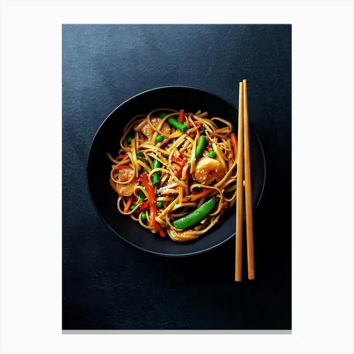 Noodles with prawns vegetables — Food kitchen poster/blackboard, photo art Canvas Print by Synthwave1950