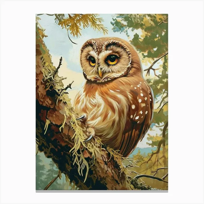 Northern Saw Whet Owl Relief Illustration 2 Canvas Print by Feathered Muse