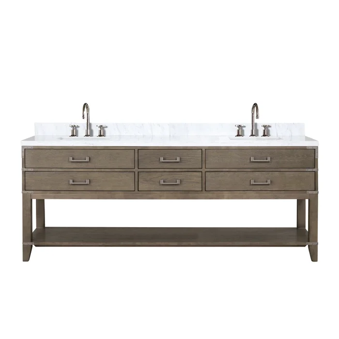 Norwalk 84 in W x 22 in D Grey Oak Double Bath Vanity, Carrara Marble Top, and Faucet Set