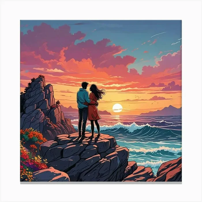 Ocean Sunset Beach With Couple Art Print (4) Canvas Print by Hamza