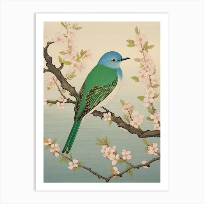 Ohara Koson Inspired Bird Painting Bluebird 1 Art Print by Feathered Muse