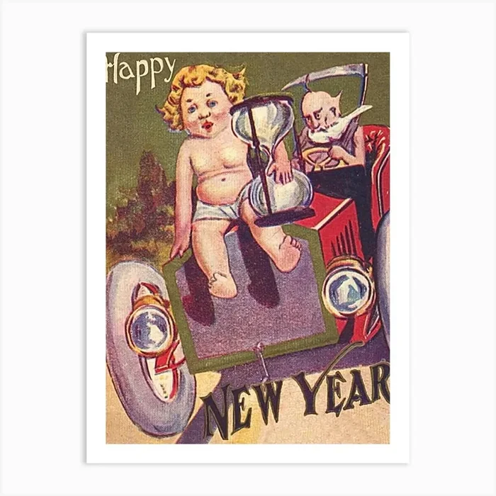 Old And New Year Together In A Car Art Print by Vintage Spirit