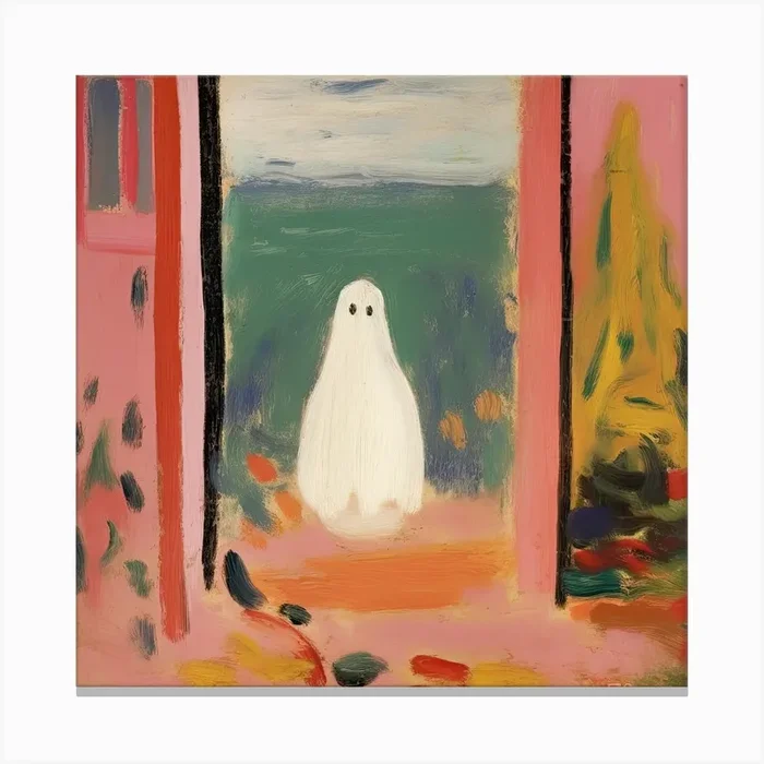 Open Window With A Ghost, Matisse Style, Spooky Halloween Square 3 Canvas Print by Mambo