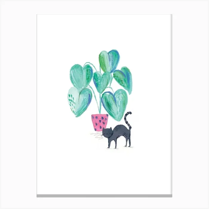 Painted Black Cat And House Plant Canvas Print by Laura Pantony