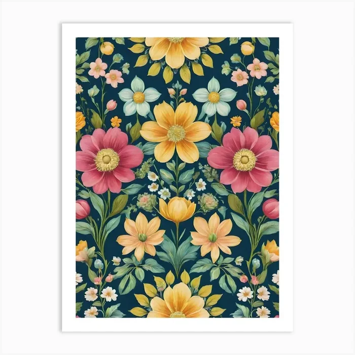 Painted Spring and Summer Flowers Boho Pattern – Navy Background Pink Yellow Blue Pastels Bohemian Wallpaper Art Like Amy Butler and William Morris Fabric Print For Lunar Pagan Gallery Feature Wall Floral Botanical Luna Lover HD Art PrintFS by Free Spirits & Hippies