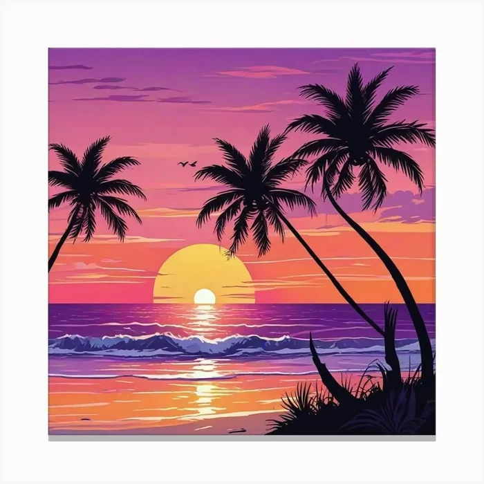 Palm Tree Sunset Art Prin (3) Canvas Print by Hamza