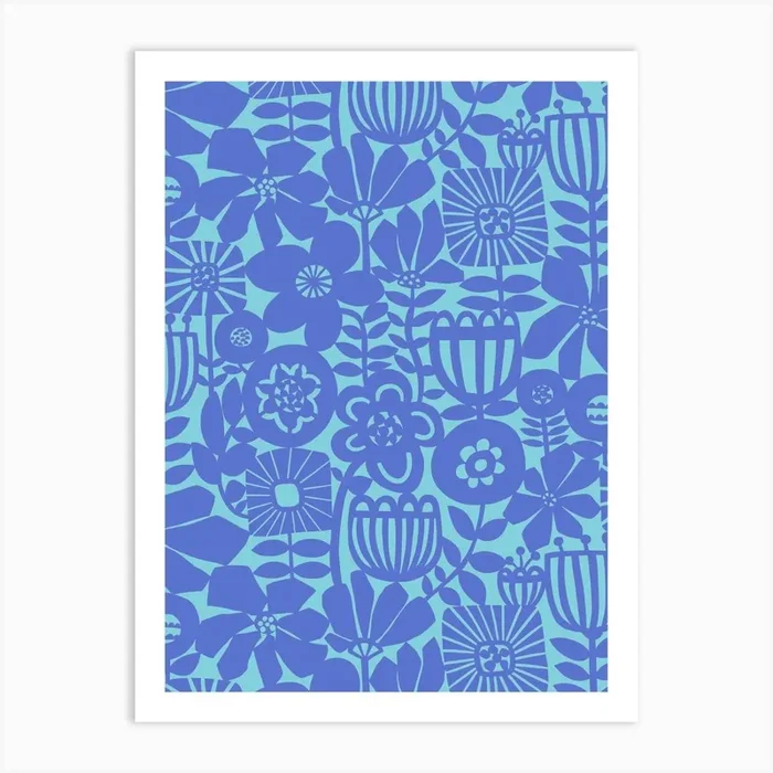 Paper Flowers Collage Monochrome Sky Blue Royal Blue Art Print by Sandra Hutter Designs