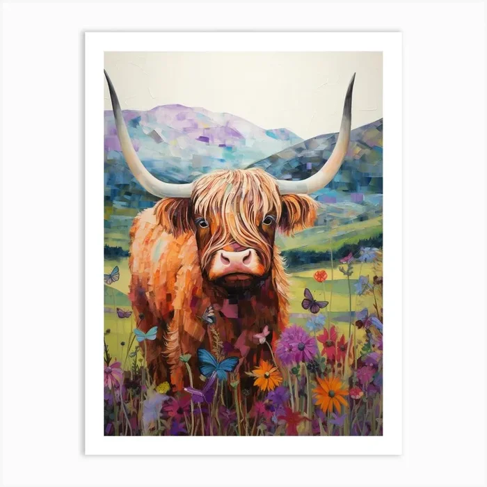Patchwork Illustration Of A Highland Cow 1 Art Print by Exploring the Highlands