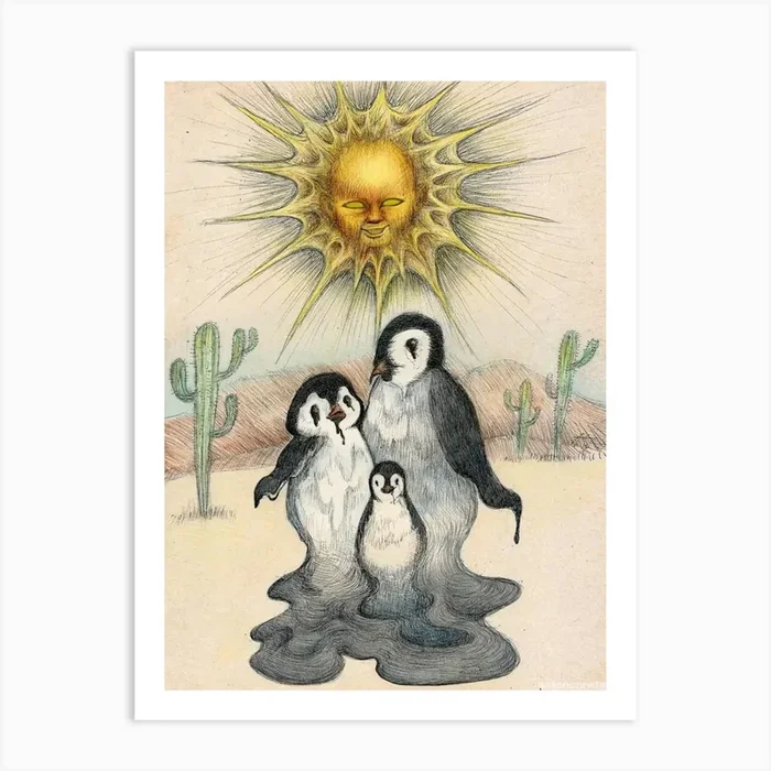 Penguins In The Desert Art Print by Saad design