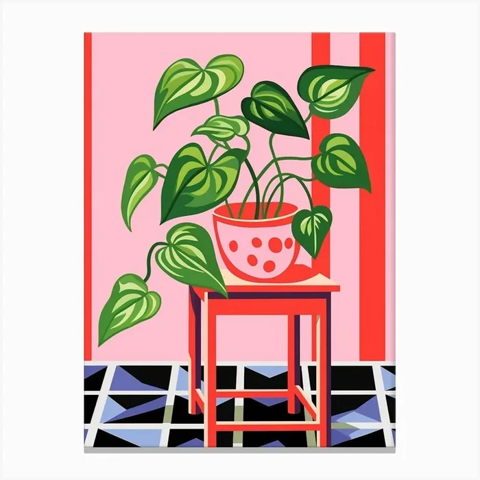 Pink And Red Plant Illustration Pothos 2 Canvas Print by Botanic Studio