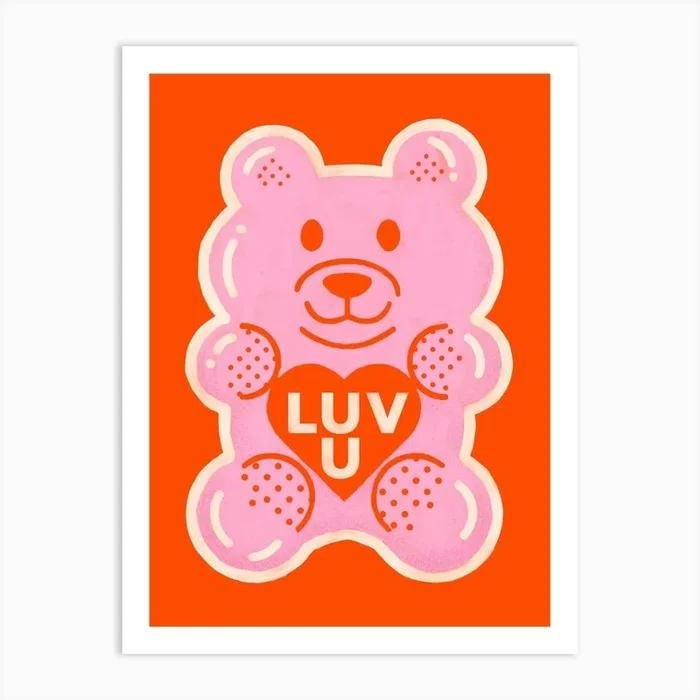 Pink Bear On Red Art Print by showmemars
