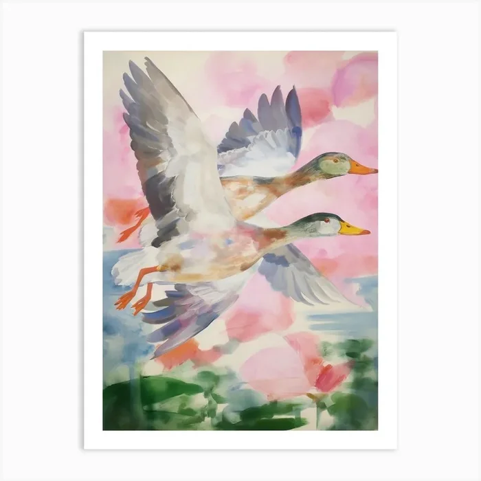 Pink Ethereal Bird Painting Mallard Duck 2 Art Print by Feathered Muse