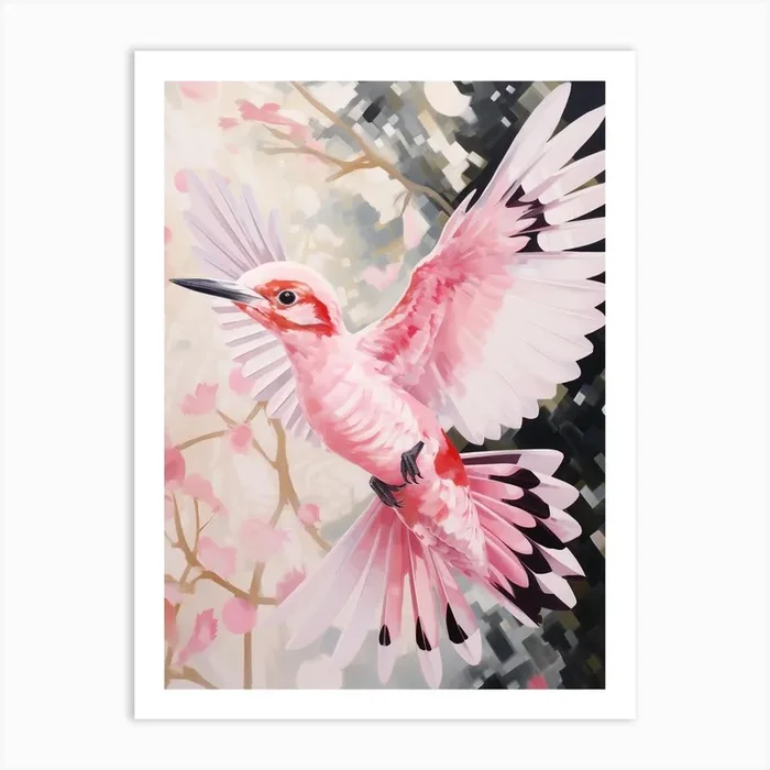 Pink Ethereal Bird Painting Woodpecker 1 Art Print by Feathered Muse