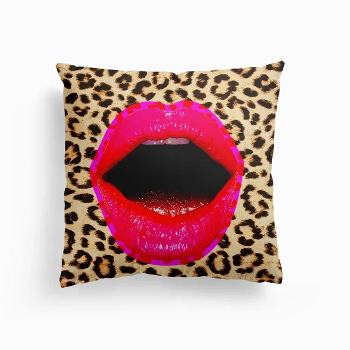 Pink Leopard Print Lips Canvas Cushion by Collage Art by Hana Brenner-Katz