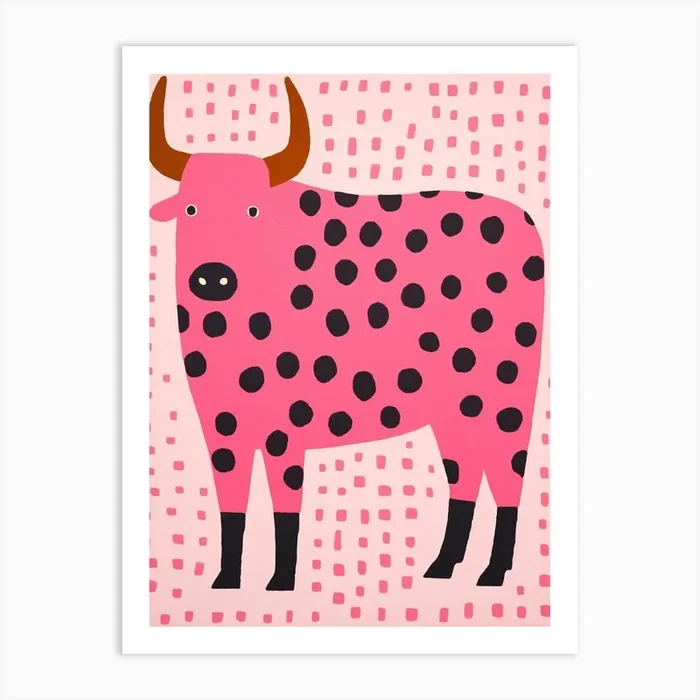 Pink Polka Dot Bison 2 Art Print by Scribble Studio