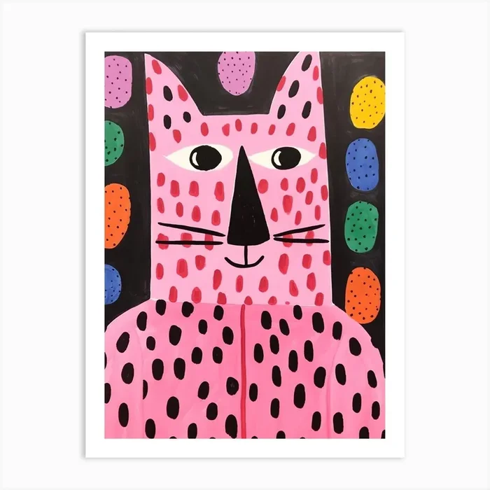 Pink Polka Dot Cat 1 Art Print by Scribble Studio