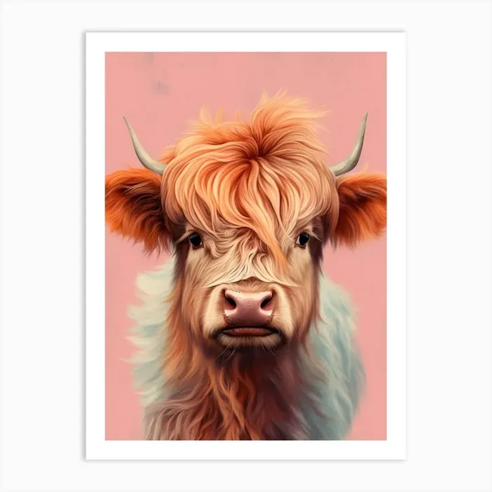Pink Portrait Of Baby Highland Cow 2 Art Print by Exploring the Highlands