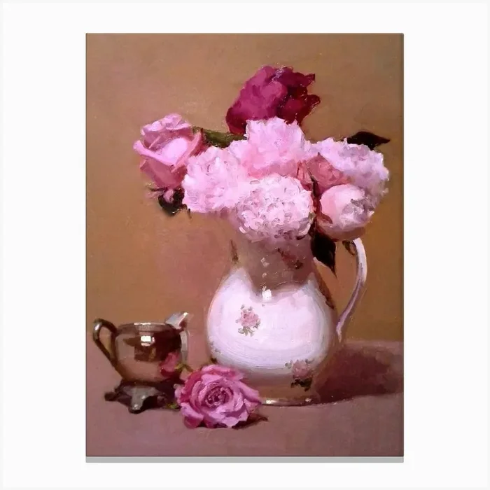 Pink Roses In A Pitcher Canvas Print by Saad design