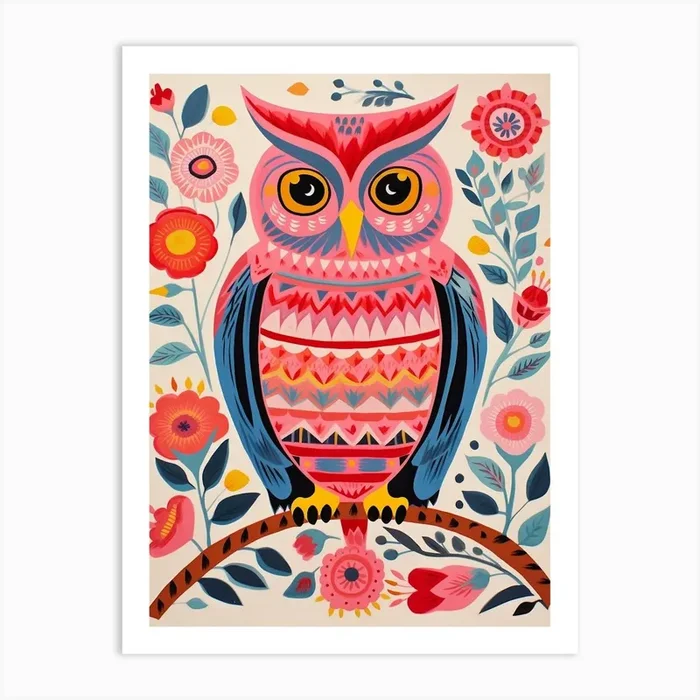 Pink Scandi Eastern Screech Owl 1 Art Print by Feathered Muse