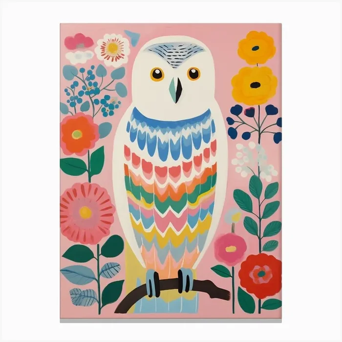 Pink Scandi Snowy Owl 3 Canvas Print by Feathered Muse