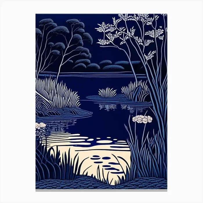 Pond Waterscape Linocut 1 Canvas PrintHH by Hydro Hues