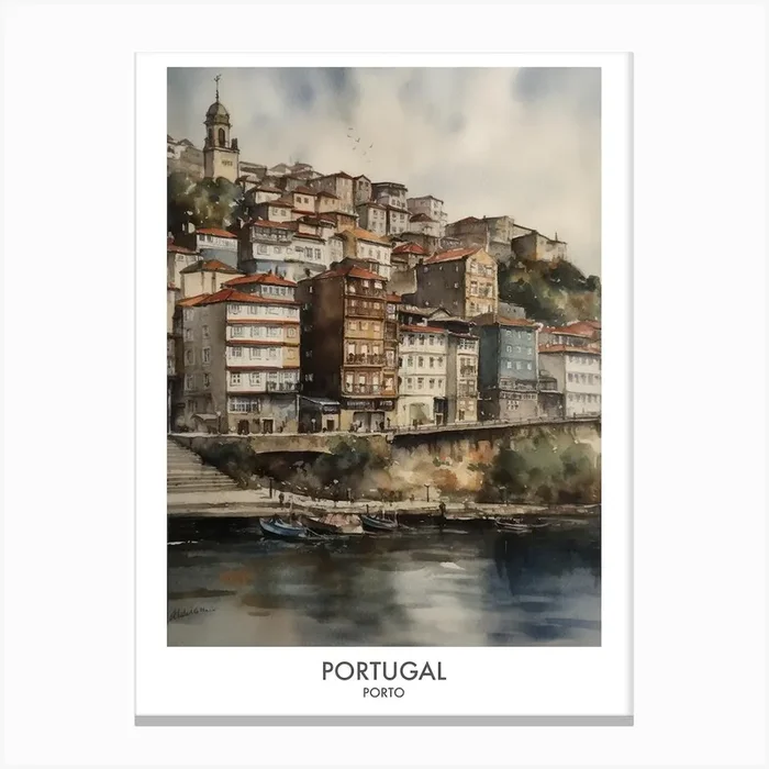 Porto, Portugal 4 Watercolor Travel Poster Canvas Print by Fusion Designs