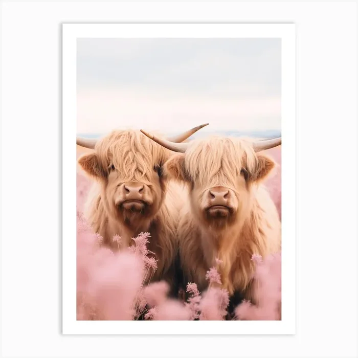 Portrait Of Two Highland Cows In The Field Pink Realistic Photography 4 Art Print by Exploring the Highlands