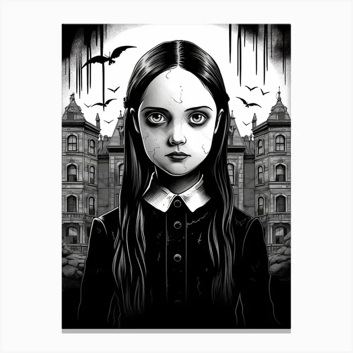 Portrait Of Wednesday Addams Line Art Dark 7 Fan Art Canvas Print by Fusion Designs