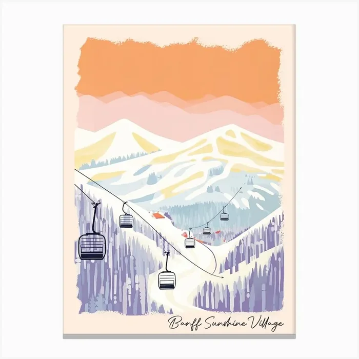 Poster Of Banff Sunshine Village Alberta, Canada, Ski Resort Pastel Colours Illustration 1 Canvas Print by Piste Posters